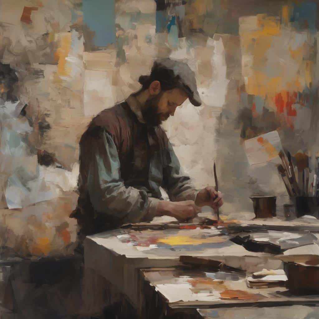 Ολλανδός καλλιτέχνης εργάζεται στο στούντιο, ζωγραφίζοντας με πάθος και δημιουργικότητα, αποτυπώνοντας την τέχνη και το ταλέντο του.