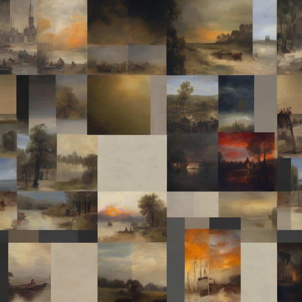 Νέα σύνθεση από διάσημα έργα τέχνης με τοπίο, ρομαντικές και δραματικές σκηνές, αποτυπώματα καλλιτεχνών που σημάδεψαν την ιστορία της τέχνης, σε γήινες αποχρώσεις και ατμοσφαιρική αίσθηση.