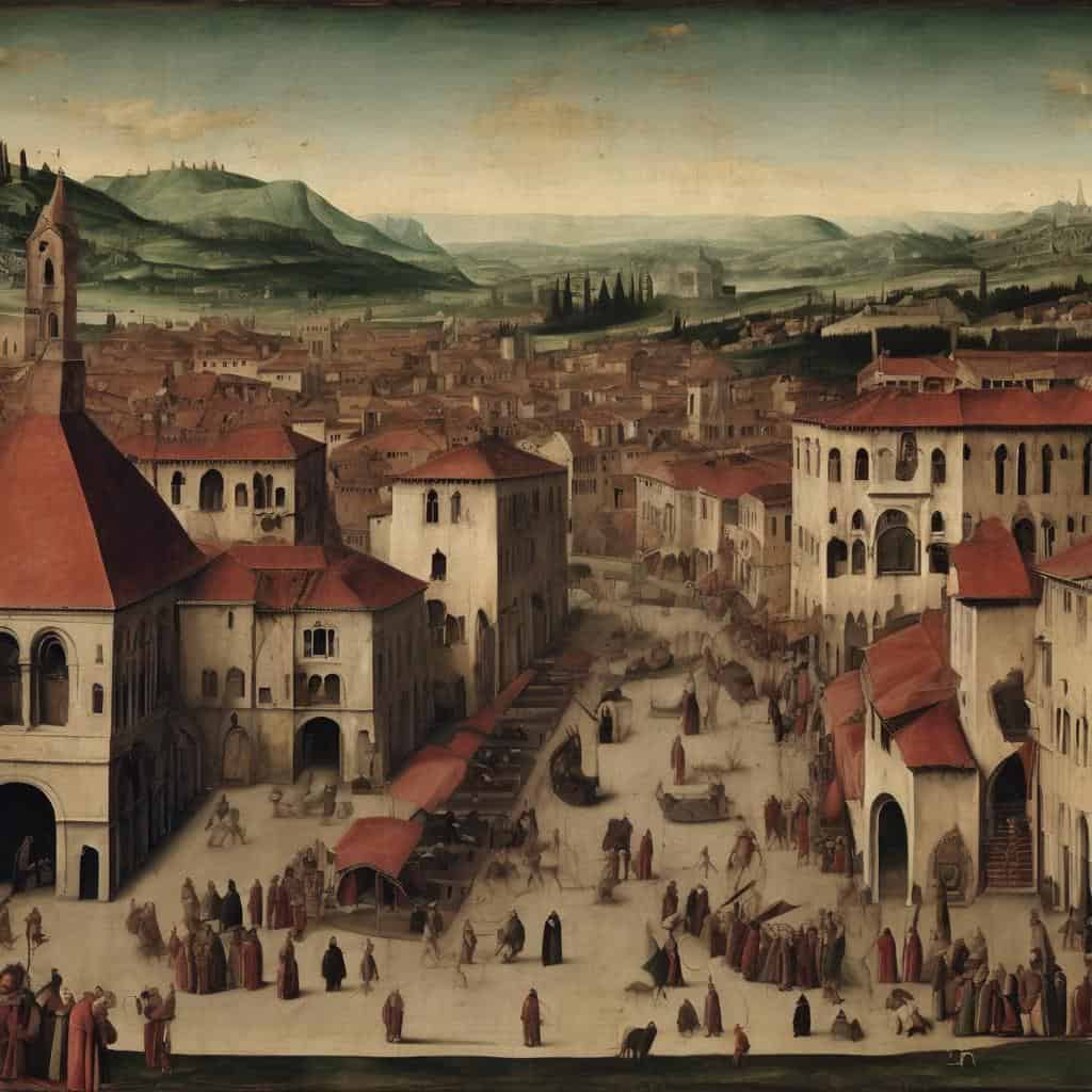 Παραδοσιακή εικόνα μεσαιωνικής πόλης, λαμπερά κτήρια, πλατεία γεμάτη κόσμο, πρωτότυπη τέχνη, μεσαιωνικά τοπία, κίνηση και αρχιτεκτονική, τέχνη που σημάδεψε την ιστορία, καλλιτέχνες που επηρέασαν την τέχνη, διάσημοι ζωγράφοι, αναπαράσταση πολιτισμού και τέχνης, ιστορική τέχνη και πολιτιστική κληρονομιά.