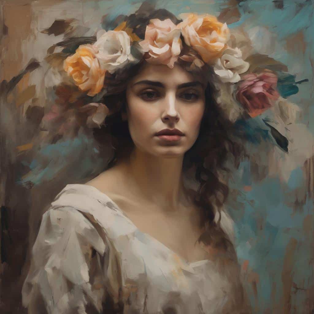 Αγία γυναίκα με στεφάνι από λουλούδια, σε ένα ρεαλιστικό πορτρέτο με φανταστικό ύφος, συνδυάζοντας την τέχνη και την ομορφιά.