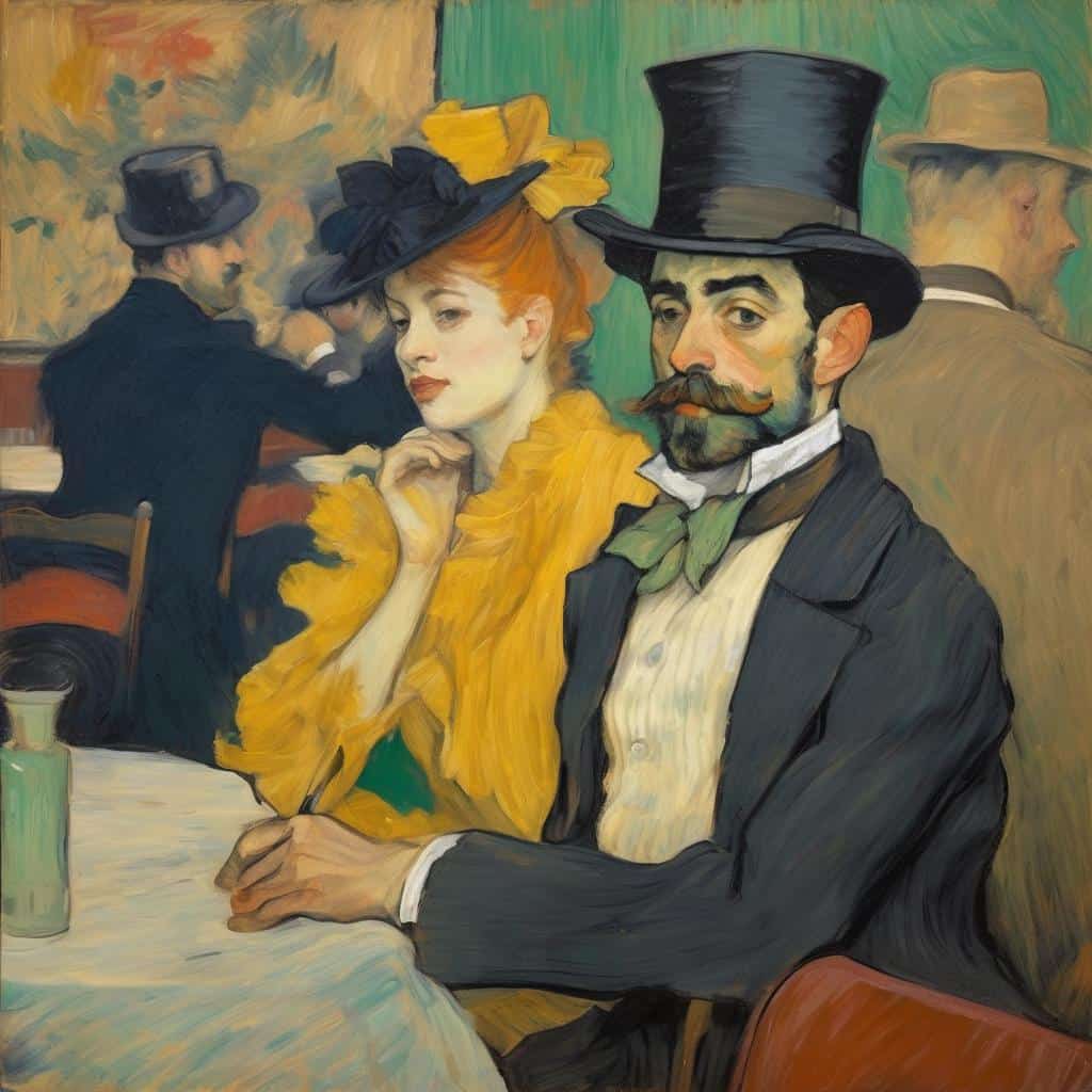 Αυτοπρόσωπο στον καμβά με δύο χαρακτήρες, ένας άντρας με γυαλιά και λακρινή, και μια γυναίκα με κόκκινα μαλλιά και έντονη εκφραστική στάση, σε ένα ζωγραφικό λουσάρισμα με ζωηρές χρωματικές αποχρώσεις.