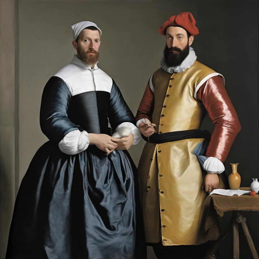 Πορτραίτο δύο ανδρών με ιστορική ενδυμασία, μεγάλοι καλλιτέχνες και προσωπικότητες της τέχνης, αναδεικνύοντας την σημασία τους στην τέχνη και την πολιτιστική κληρονομιά.