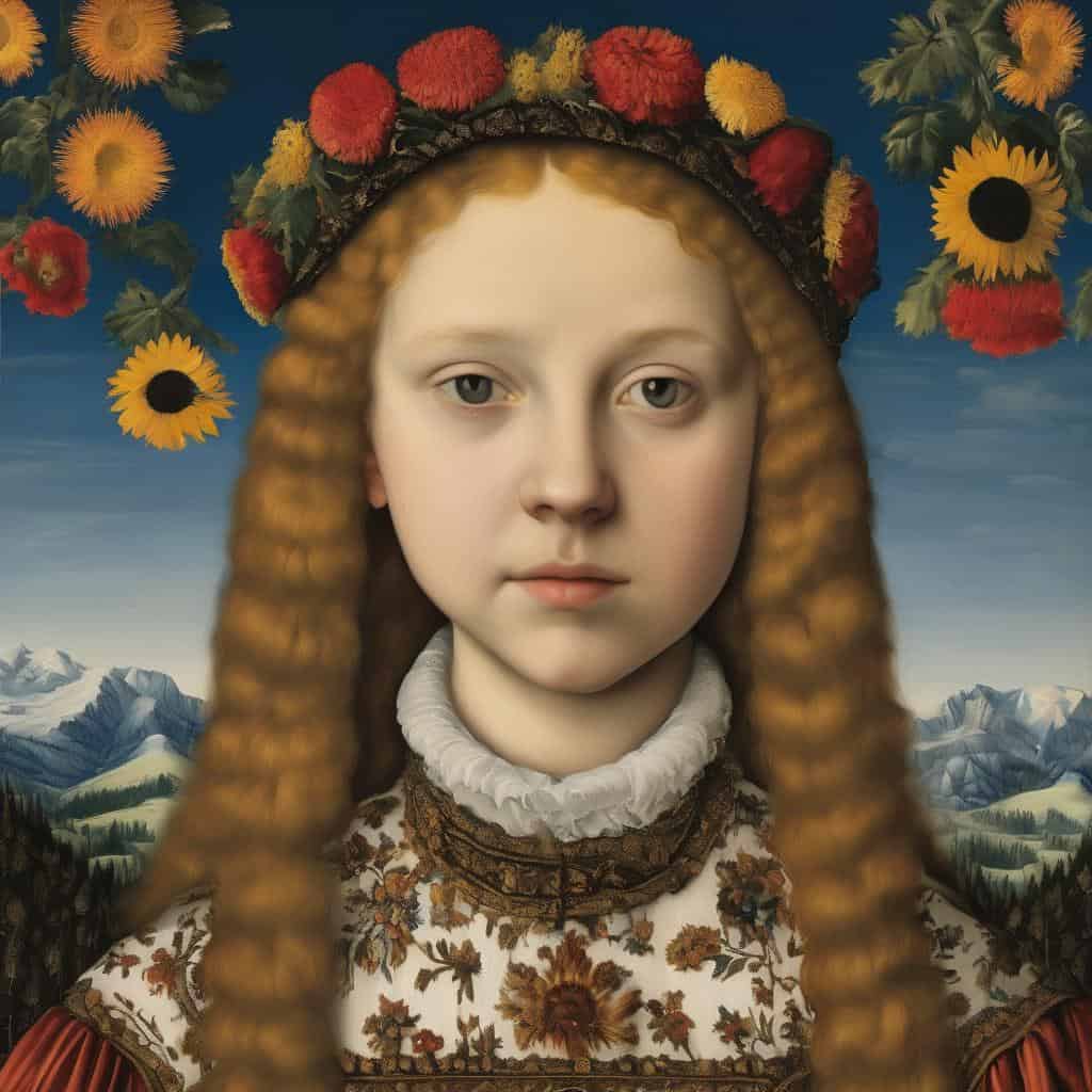 Πορτρέτο νεαρής κοπέλας με λουλούδια στο κεφάλι, σε παραδοσιακό στυλ, με φόντο βουνά και ουρανό.