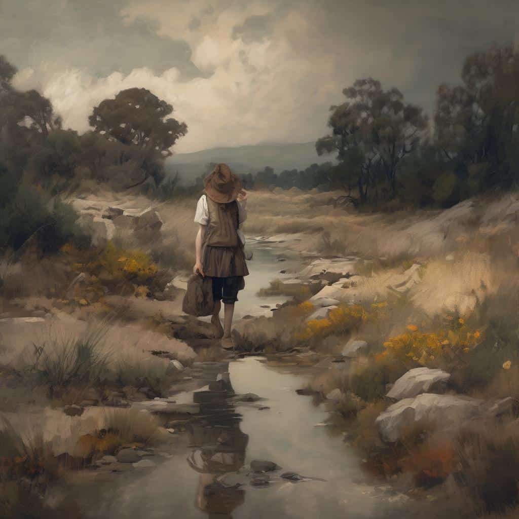 Καλλιτέχνης που Σημάδεψε την Τέχνη, παραδοσιακός πίνακας με γυναίκα σε φυσικό τοπίο, ζωγραφική τέχνη, ρεαλιστικό τοπίο σε αρτ στυλ.